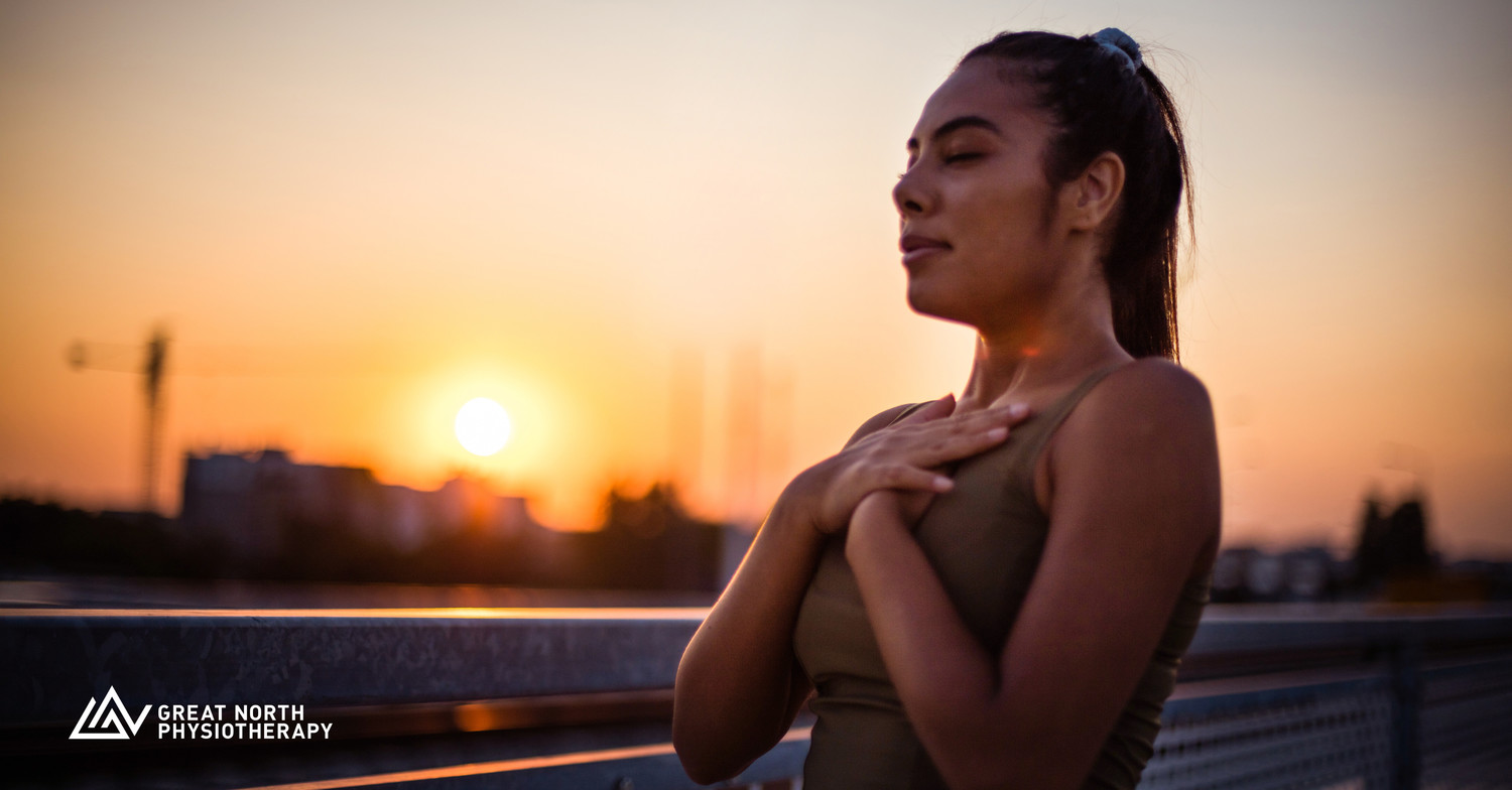 Core canister engagement through proper breath control. Breathwork for pelvic health: Deep breathing exercise demonstration.