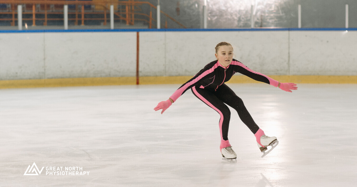 Young figure skater training at an indoor arena, representing sports physiotherapy, athletic performance, and injury rehabilitation at Great North Physiotherapy.